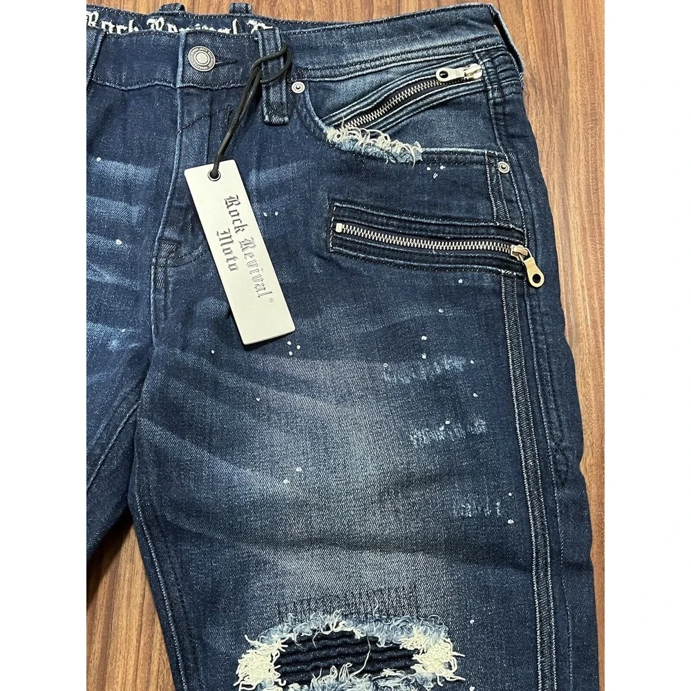 Rock Revival Moto Distressed Rip Zipper Vaclar Jeans RR Motorcycle Biker 32x31
